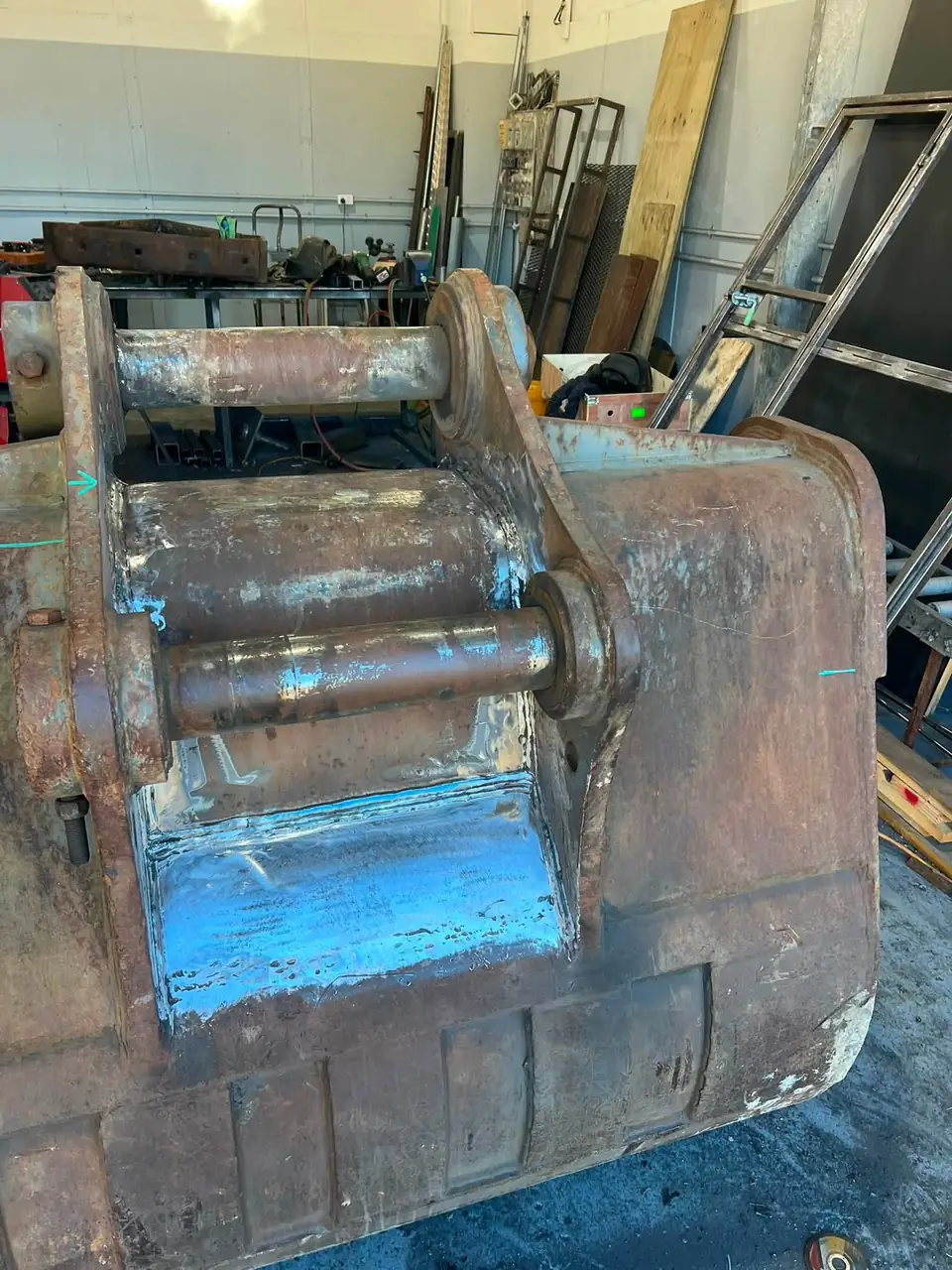 Excavator bucket with new plate work along the base