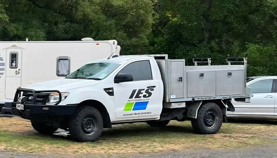 IES service ute with its fitted-out tray body, set up for jobs away from the workshop